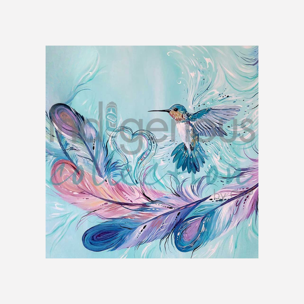 Colorful painting of a hummingbird and feathers on a light blue background