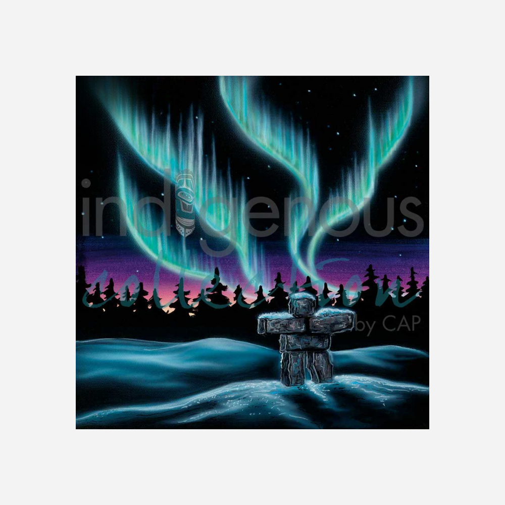 Northern lights over a snowy landscape with an Inukshuk and trees, featuring the brand 'indigeneous'.