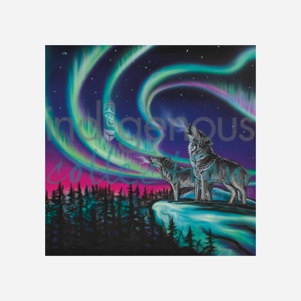 Two wolves howling under a vibrant Northern Lights sky with 'IndigoSoul' branding.