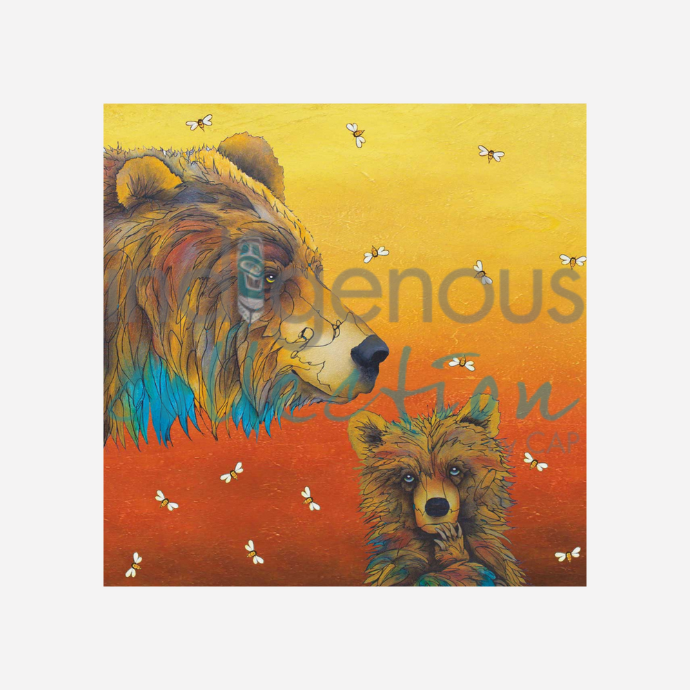 Two bears, one adult and one cub, with a gradient background from yellow to orange.