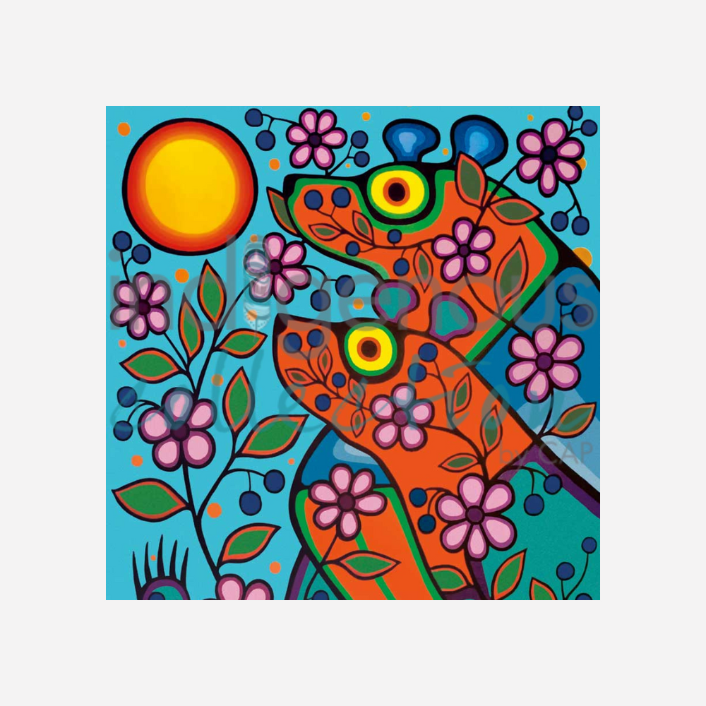 Colorful abstract artwork with a stylized figure, flowers, and a sun on a blue background.