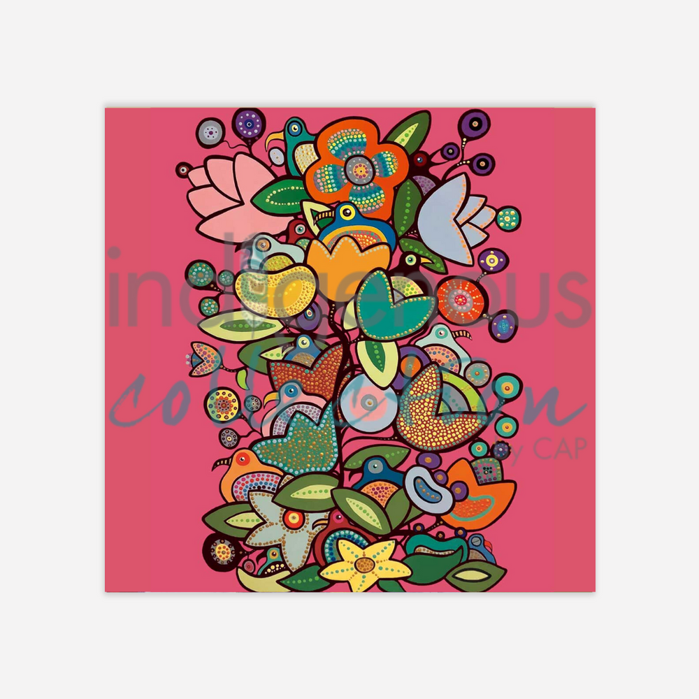 Colorful floral design on a pink background with 'inicious' branding.