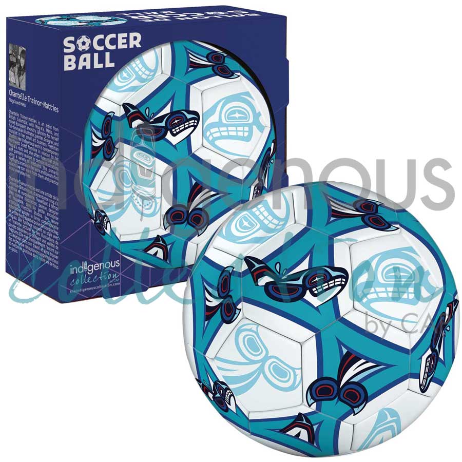 Soccer ball with indigenous design and packaging on a white background