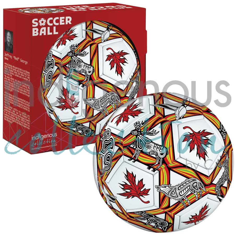 Soccer ball with indigenous design and packaging on a white background