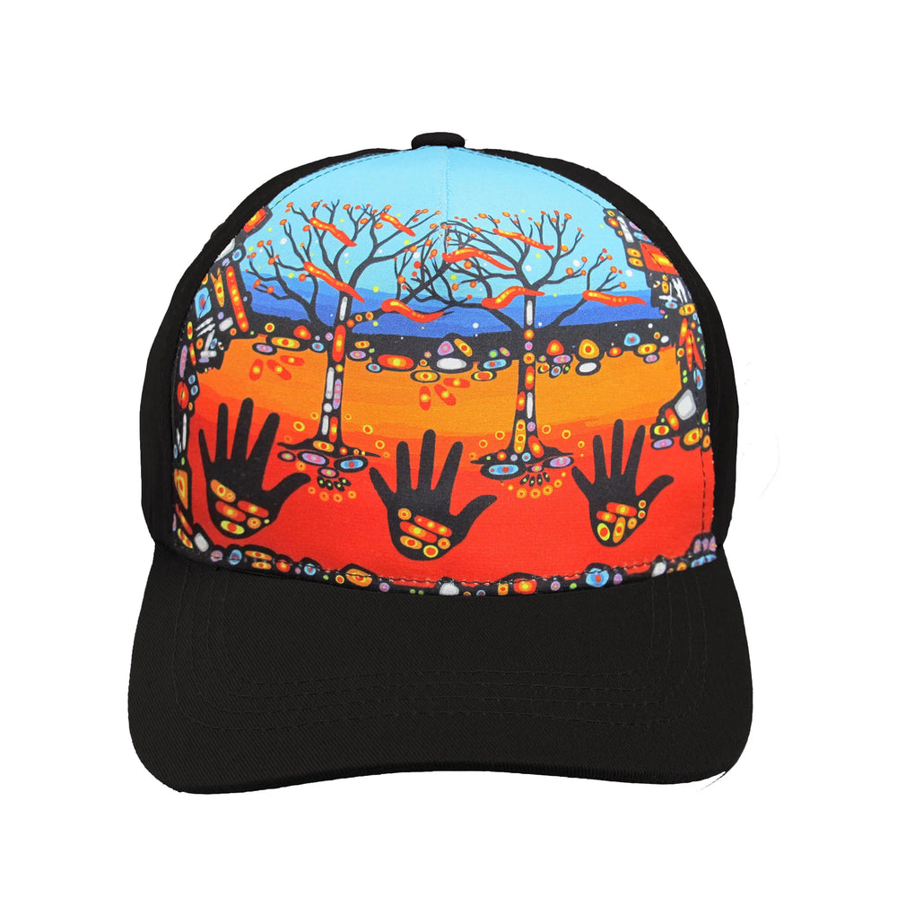 Colorful cap with artistic design of hands and trees 