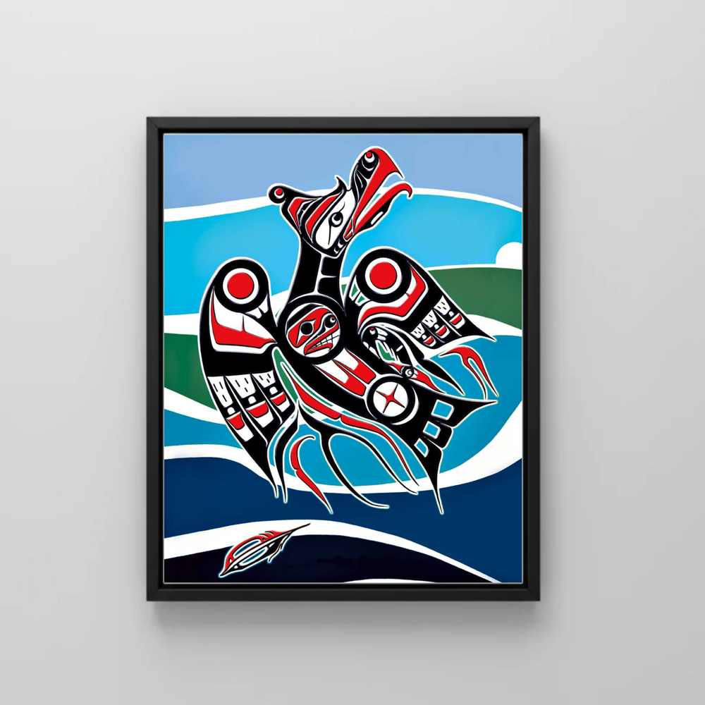 Framed artwork of a stylized animal with red, black, and white colors on a blue and green background.