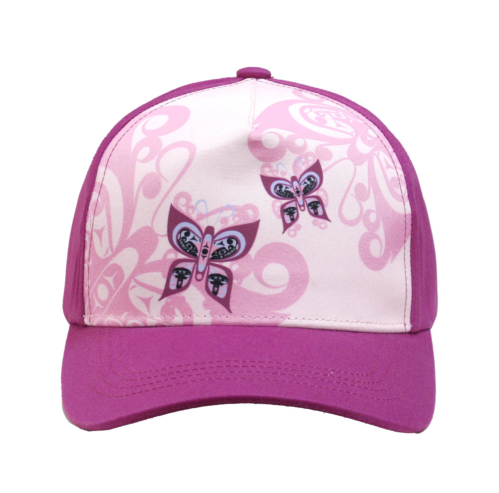 Pink and purple cap with butterfly designs on a white background