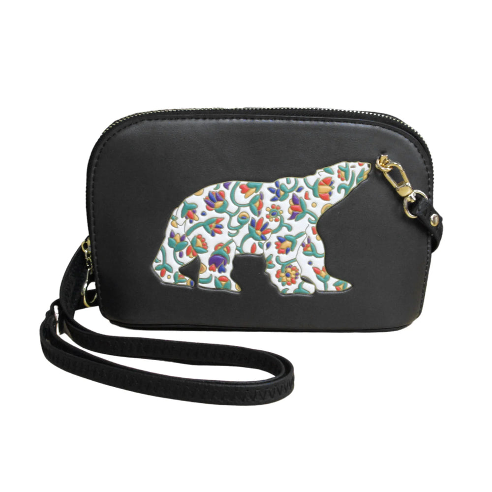 Black pouch with a floral bear design on a white background