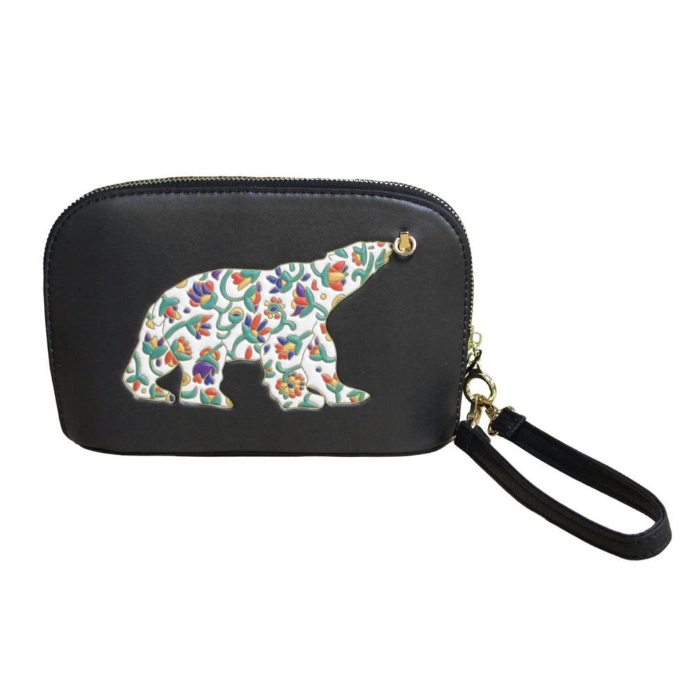Black wristlet with floral bear design on a white background