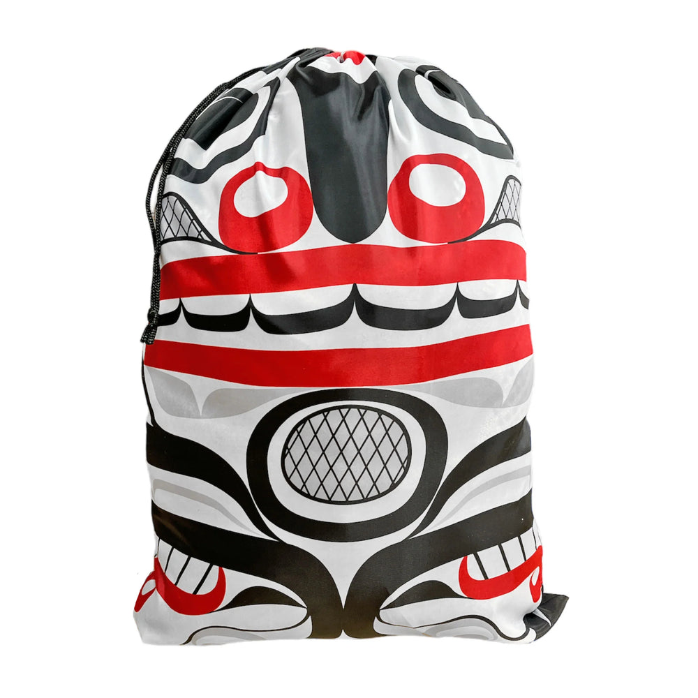 Drawstring bag with a black, white, and red pattern on a white background