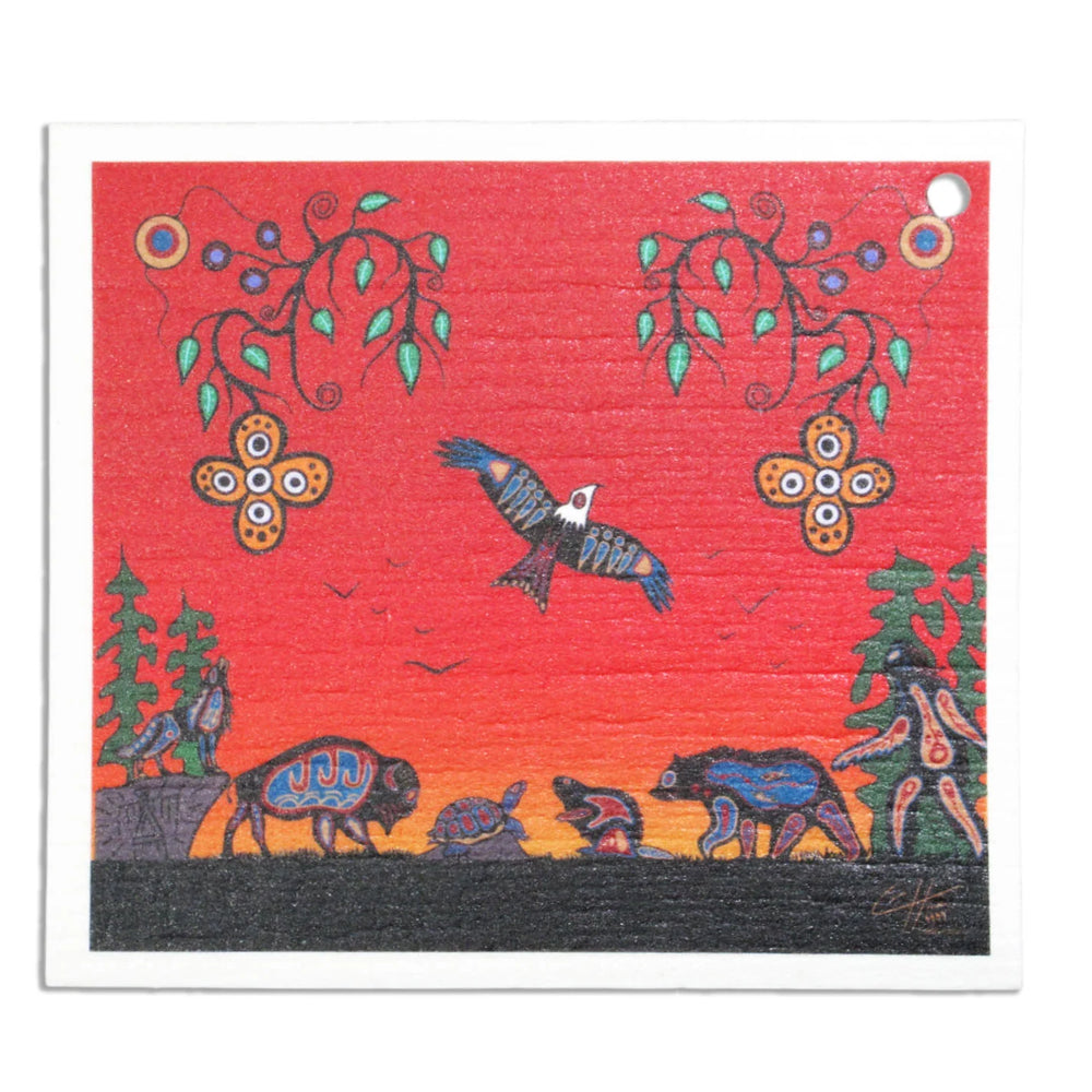Artistic depiction of animals and nature on a red background