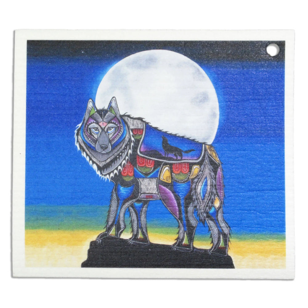 Colorful wolf sculpture with a full moon in the background