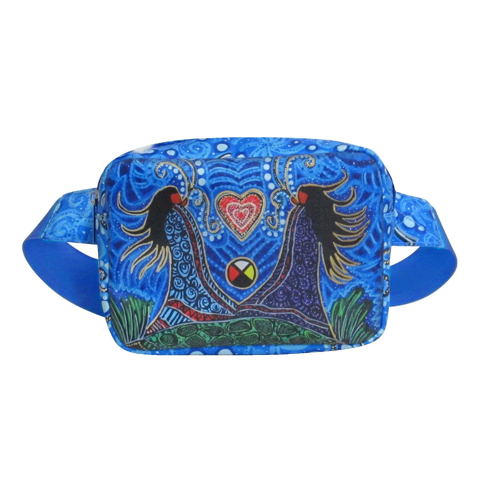 Blue waist bag with artistic designs on a white background