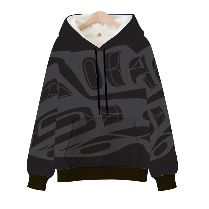 Black hoodie with abstract design on a white background