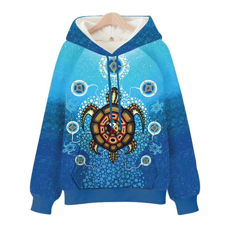 Blue hoodie with a turtle design on a white background