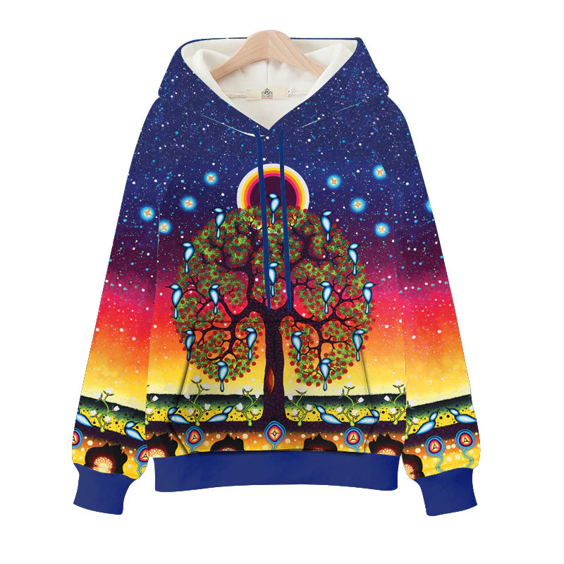 Colorful hoodie with a tree design on a white background
