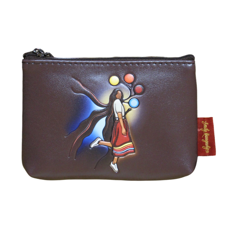 Brown pouch with a colorful design of a woman and abstract elements on a white background