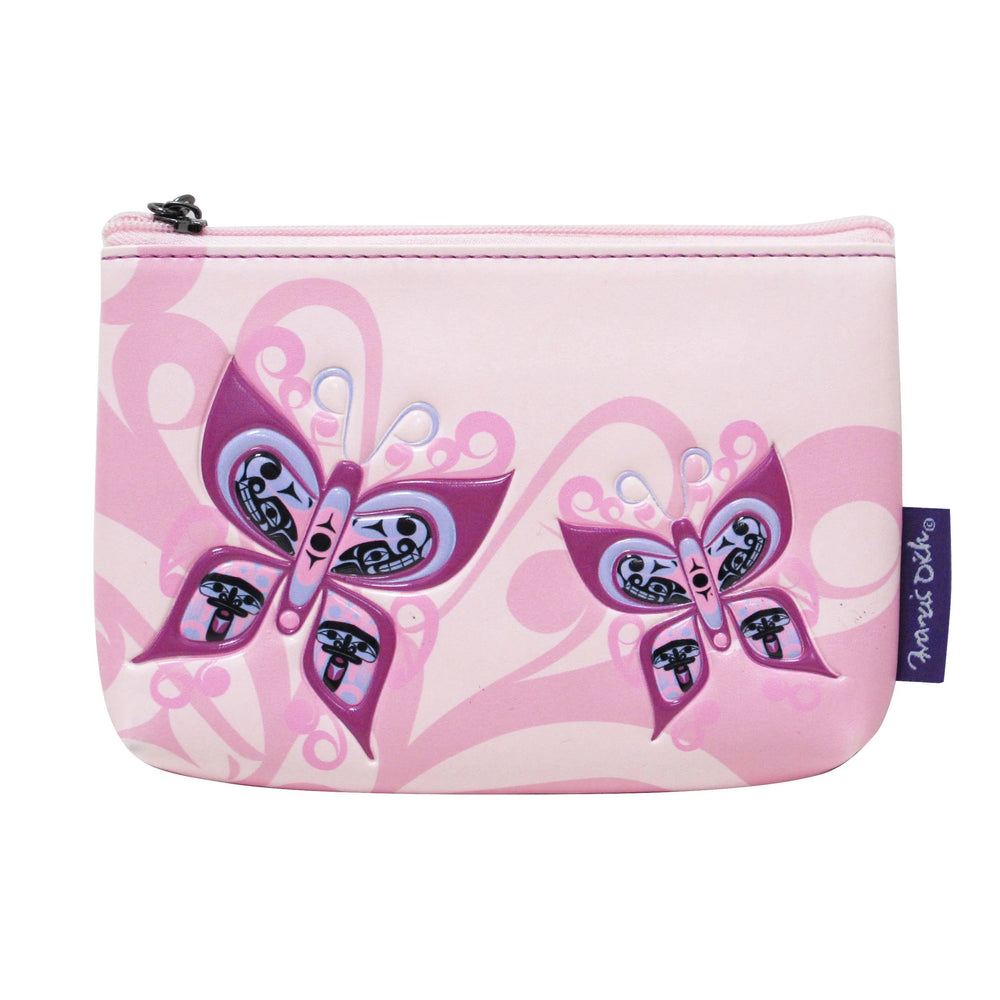 Pink pouch with butterfly design on a white background