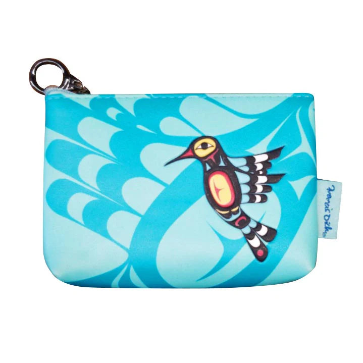 Small pouch with a colorful bird design on a blue background