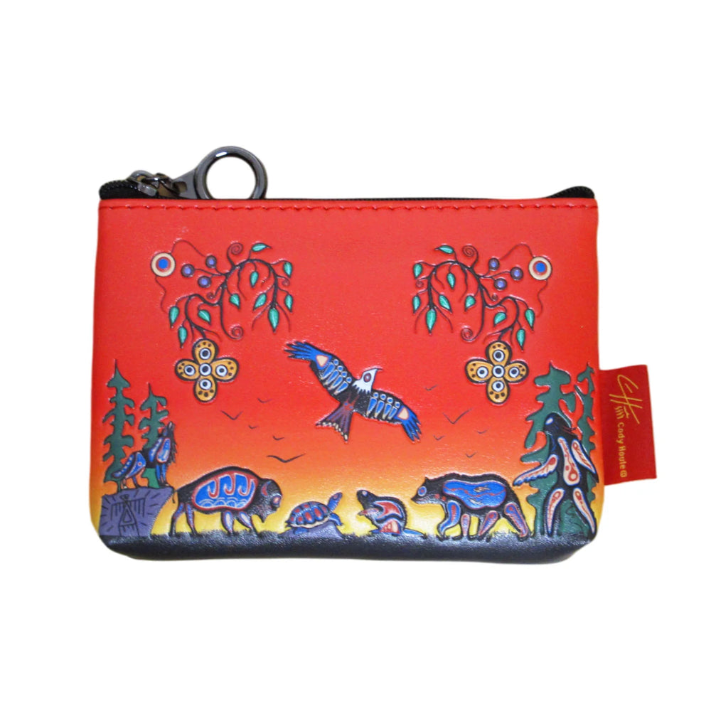 Colorful coin purse with animal designs on a white background