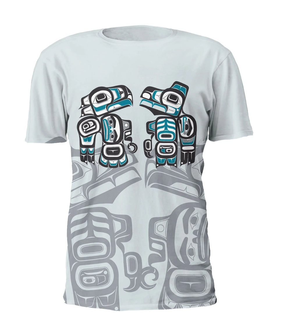 White t-shirt with blue and gray tribal design