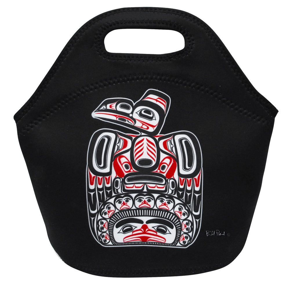 Black lunch bag with Native American art design on a white background