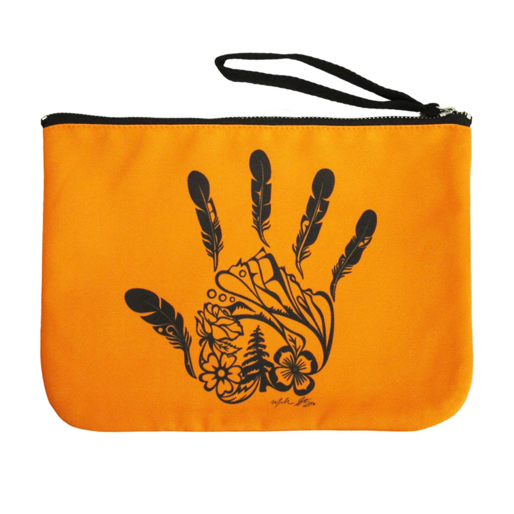 Orange pouch with black hand and feather design on a white background