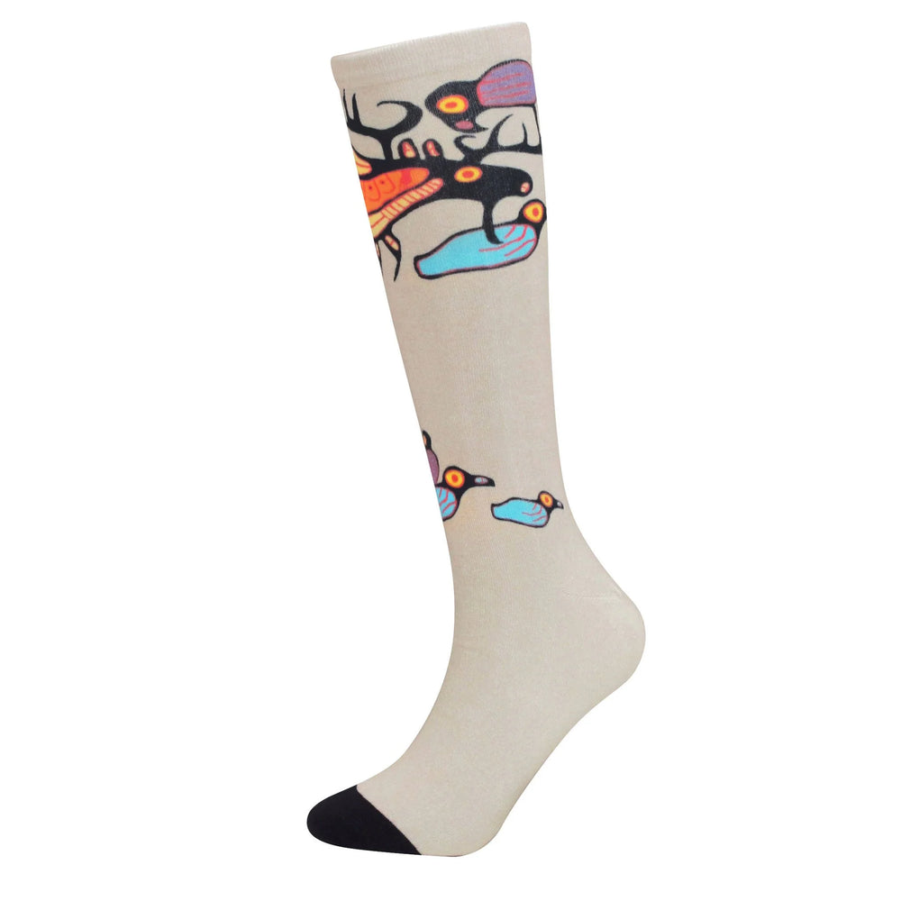 Beige sock with colorful abstract design on a white background