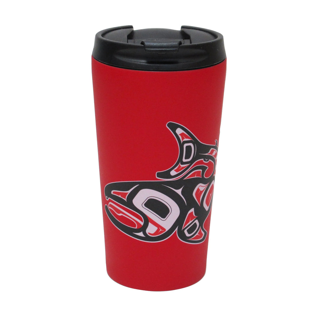 Red travel mug with black lid and black and white design on a white background