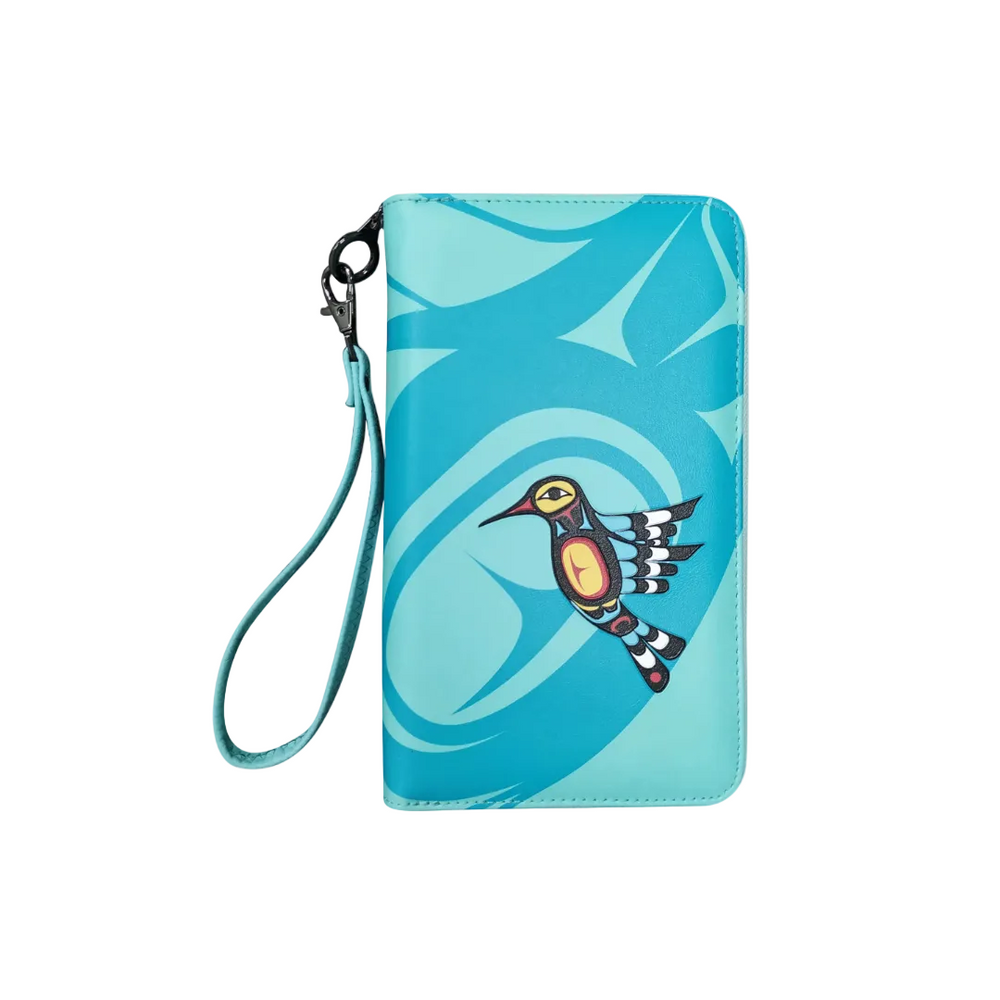 Blue wallet with bird design on a white background