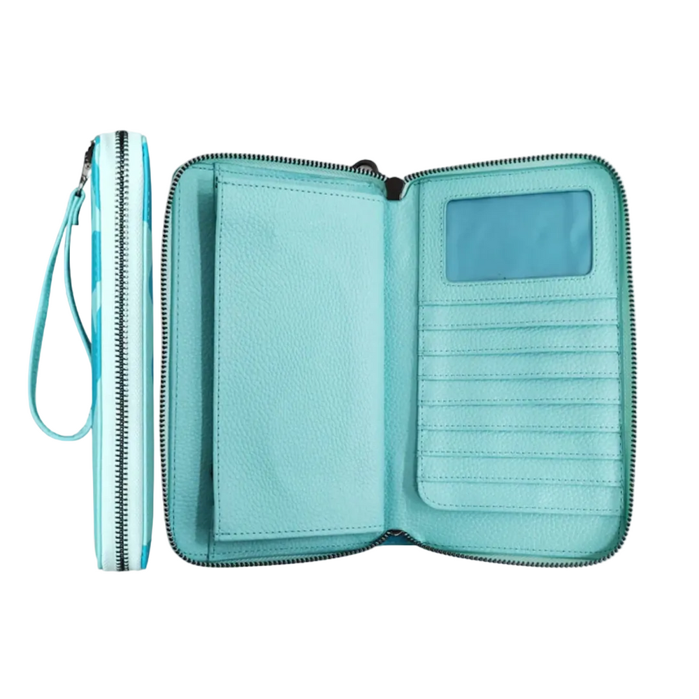 Light blue zippered case with a wrist strap on a white background