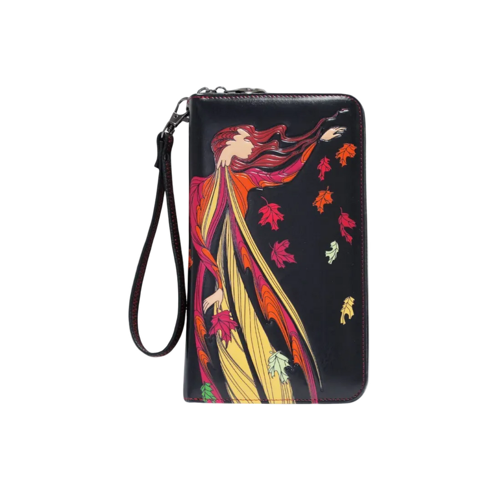 Black wallet with colorful artistic design on a white background