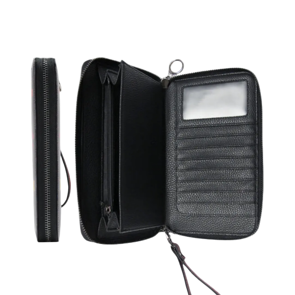 Black leather travel wallet with zipper on a white background
