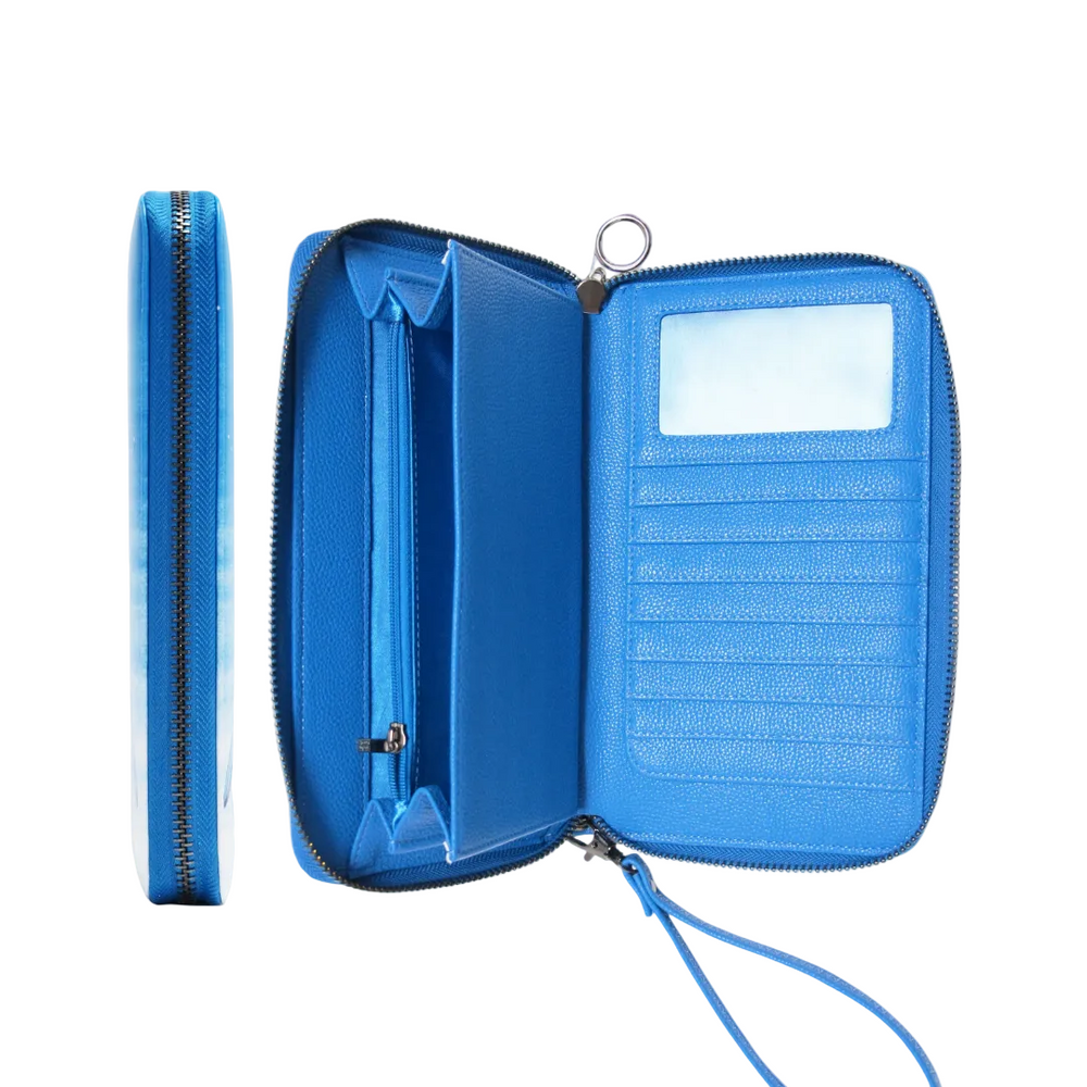 Blue travel organizer with a wrist strap on a white background