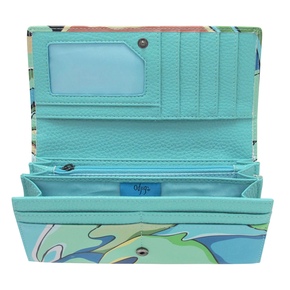 Open teal wallet with floral pattern on a white background