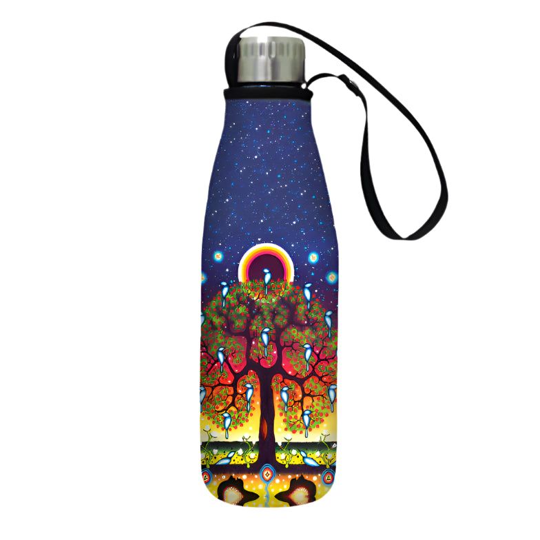 Colorful water bottle with tree design on a white background