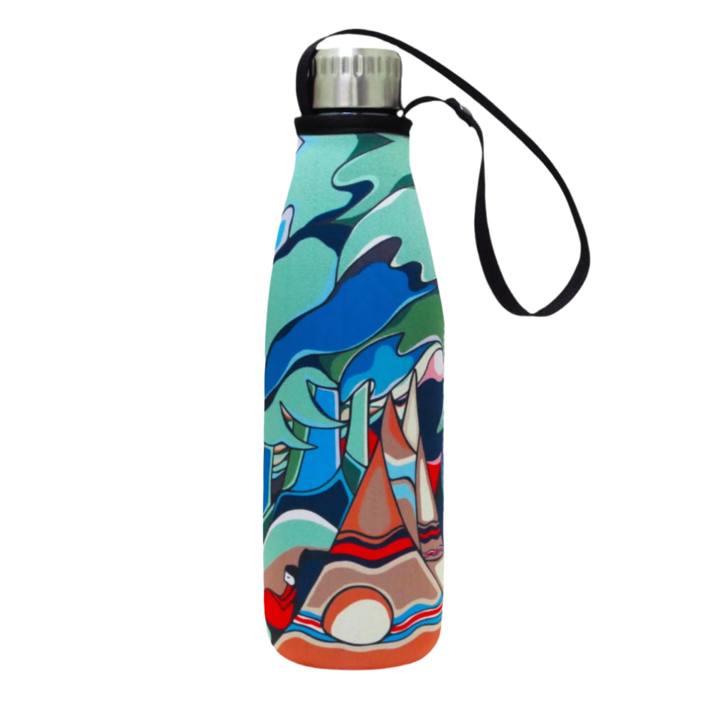 Colorful water bottle with artistic design on a white background