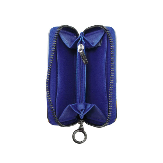 Blue zippered pouch with a bow on a white background