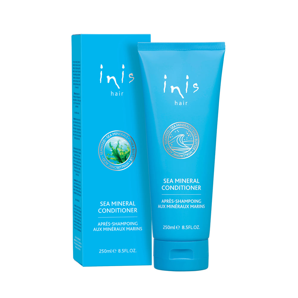 Blue 'inis hair' sea mineral conditioner packaging on a white background