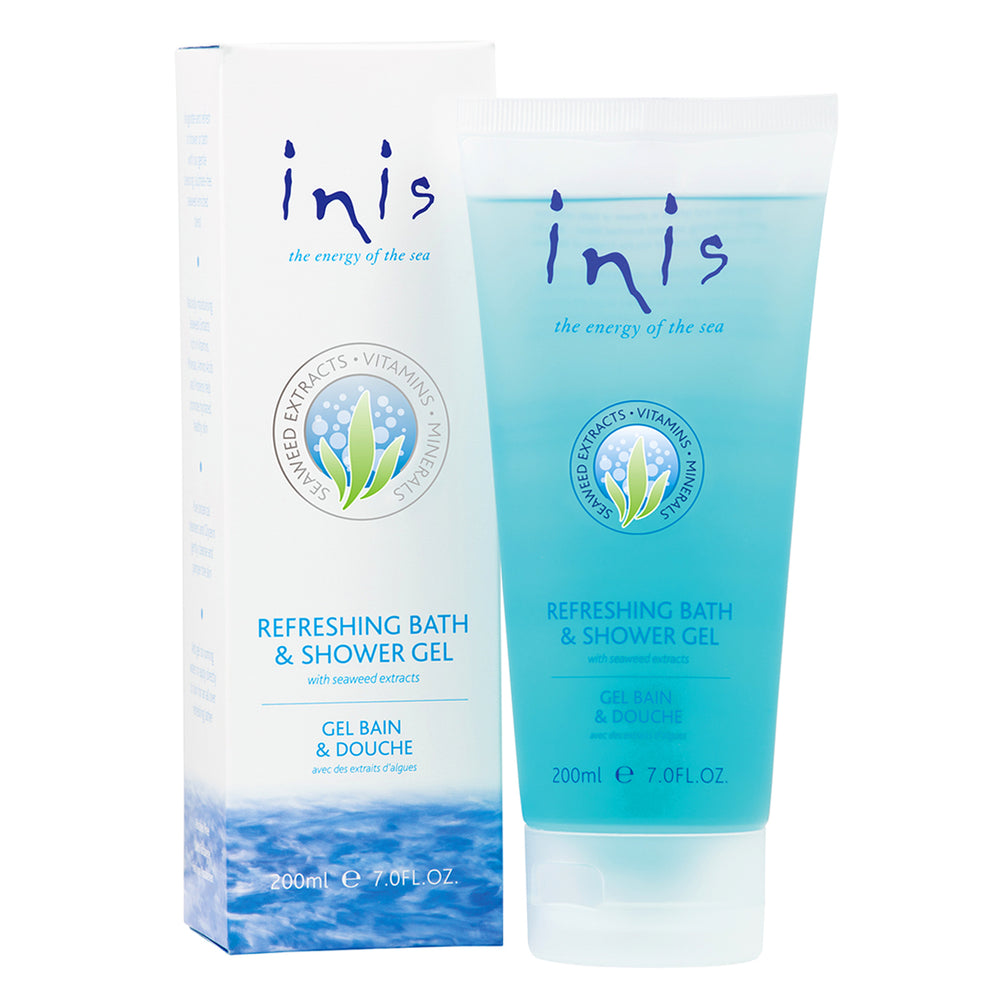 Inis Refreshing Bath & Shower Gel packaging and tube on a white background