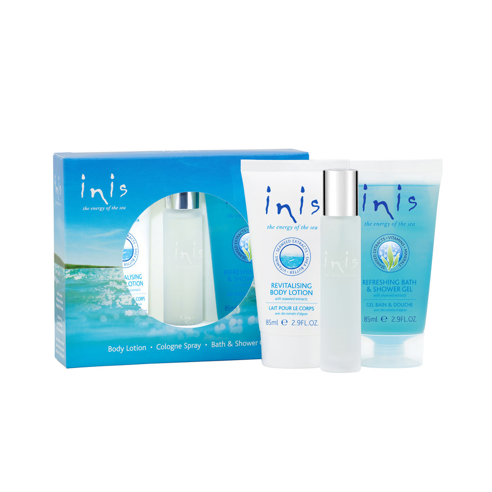 Inis skincare product set with lotion and gel on a white background