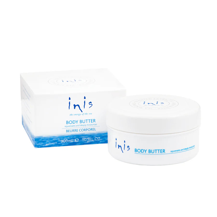 Inis body butter jar and packaging on a white background