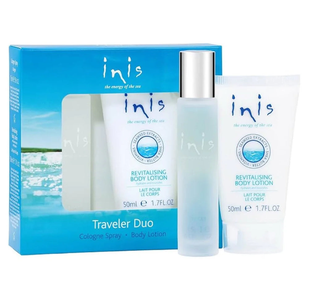 Inis traveler duo set with lotion, spray, and packaging on a white background