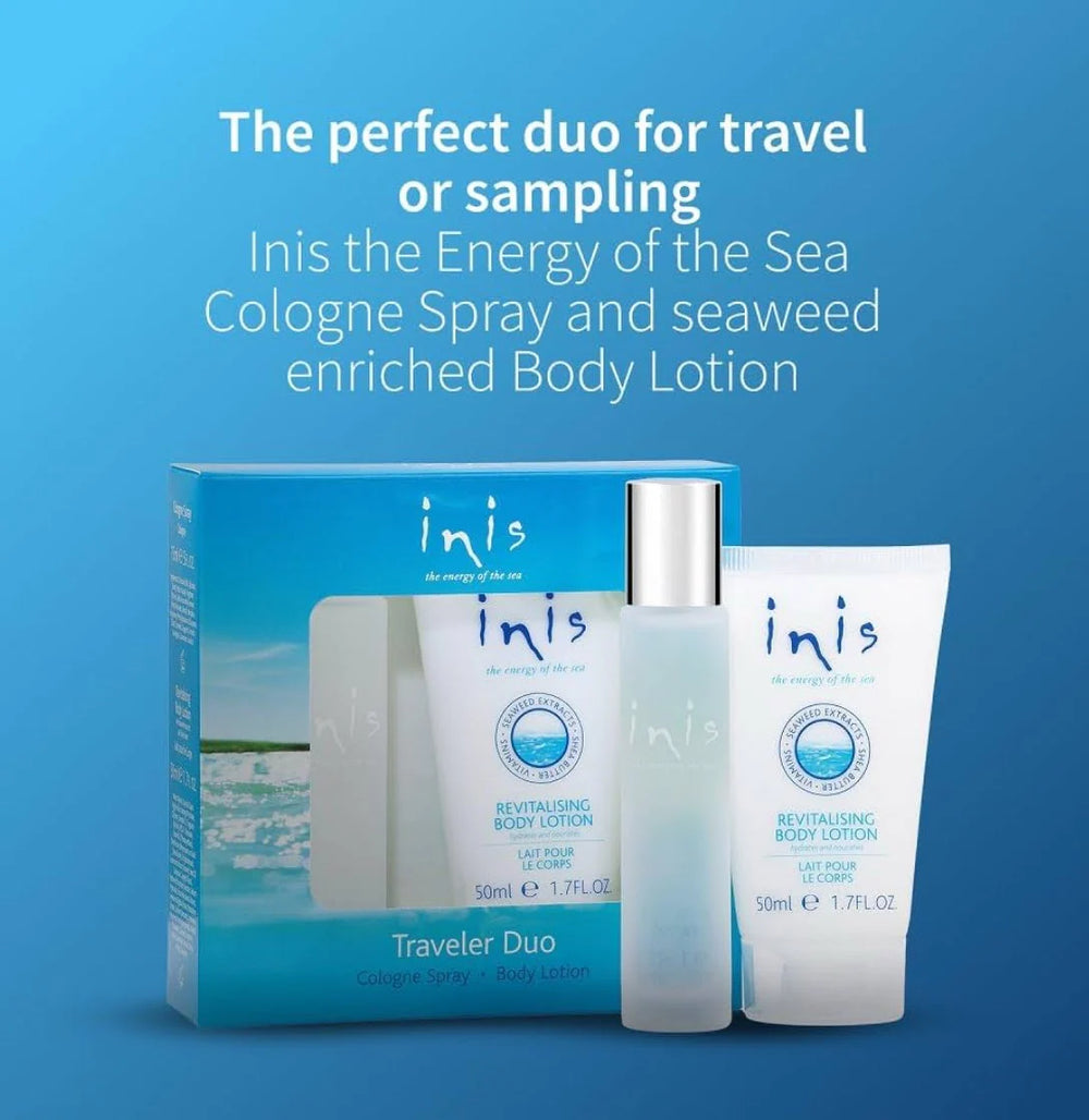 Inis cologne spray and seaweed enriched body lotion set on a blue background