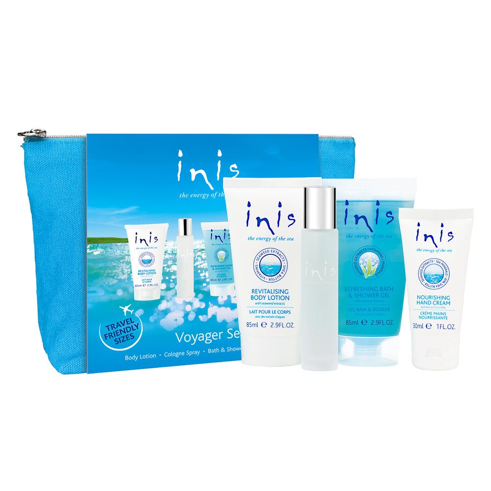 Inis skincare travel set with blue pouch on a white background