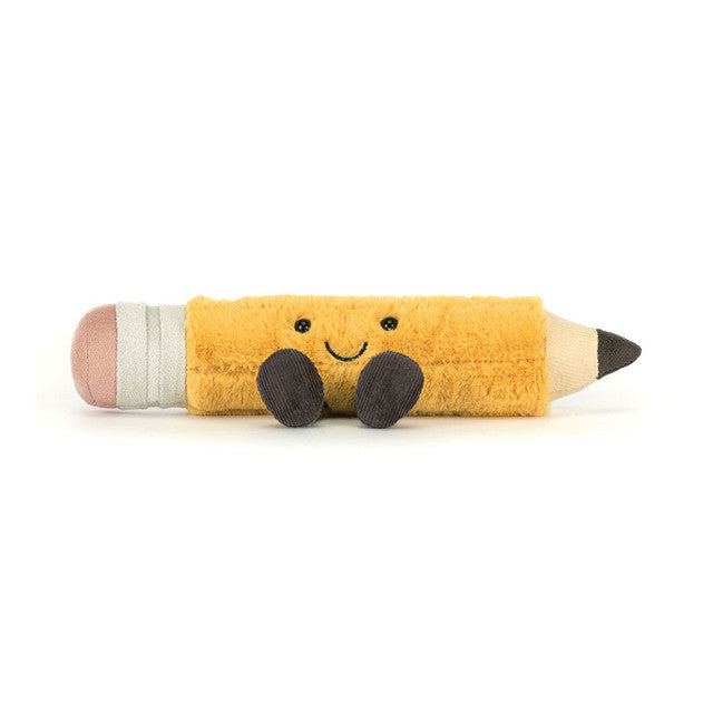 Plush pencil toy with a smiling face on a white background