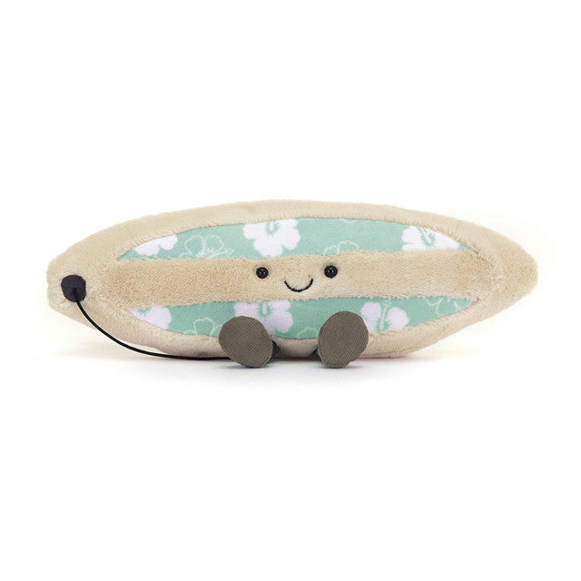 Plush toy  surfboard with a smiling face on a white background