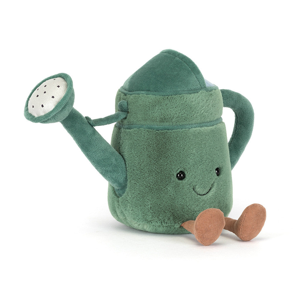 Plush toy watering can with a smiling face on a white background