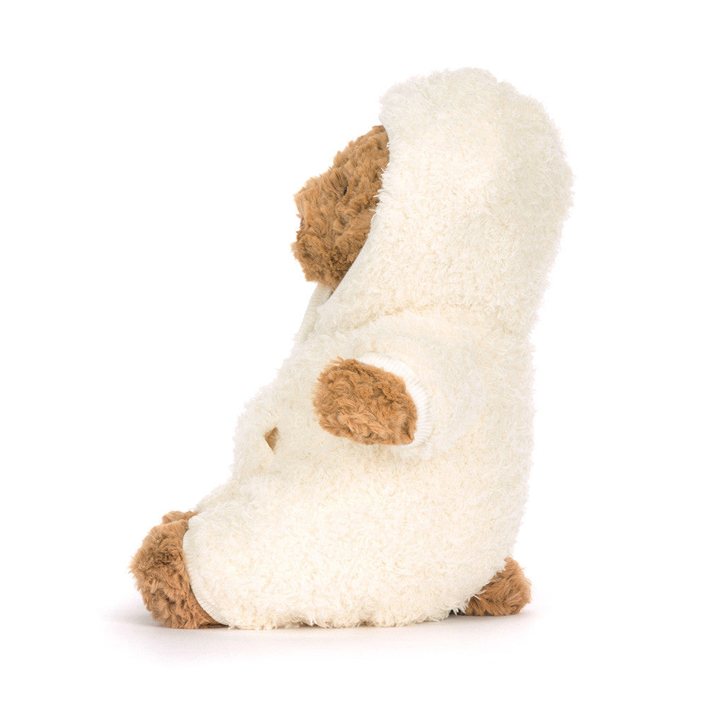 Plush toy shaped like a paw with white fur and brown pads on a white background