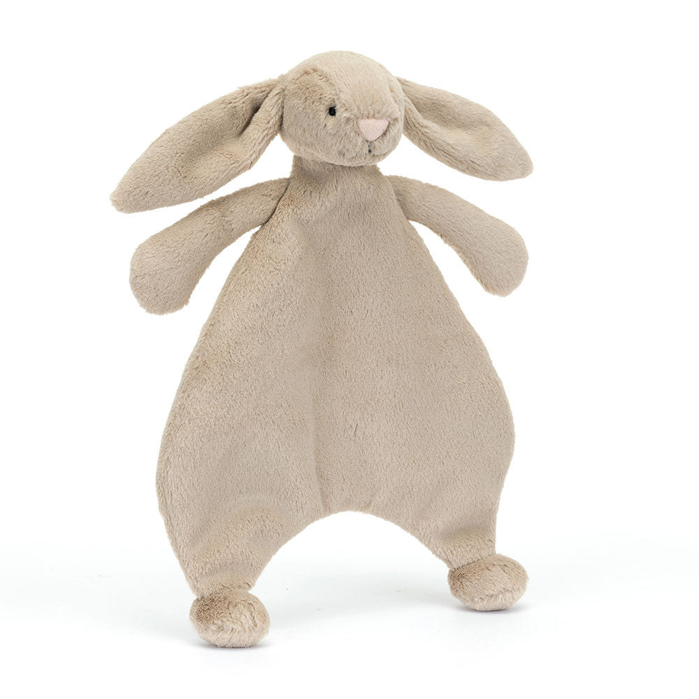 A beige plush toy in the form of a bunny with long ears, a pink nose, and embroidered eyes, designed for young children.